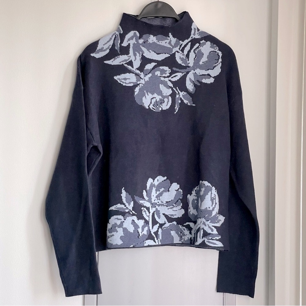 JOIE Mock Neck Floral Patterned Navy Sweater